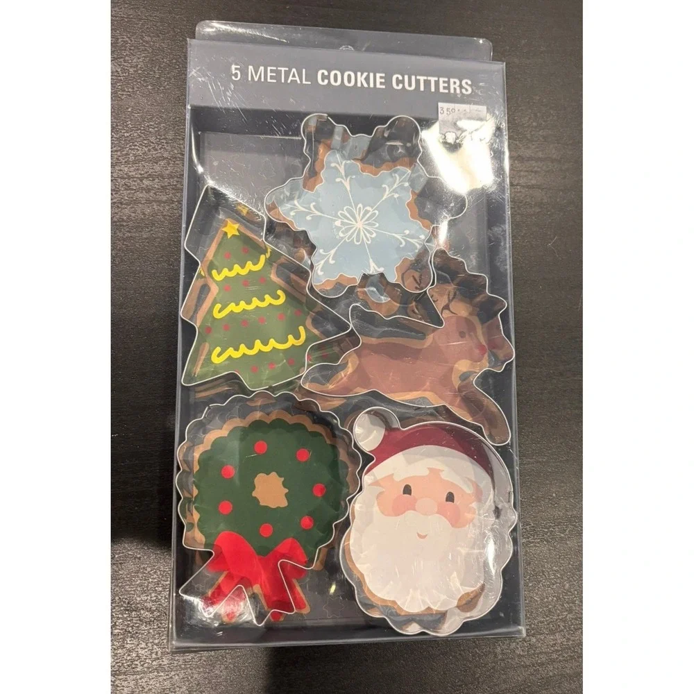 Kikkerland 5 Piece Metal Christmas Cookie Cutter Set Santa Reindeer Tree Wreath